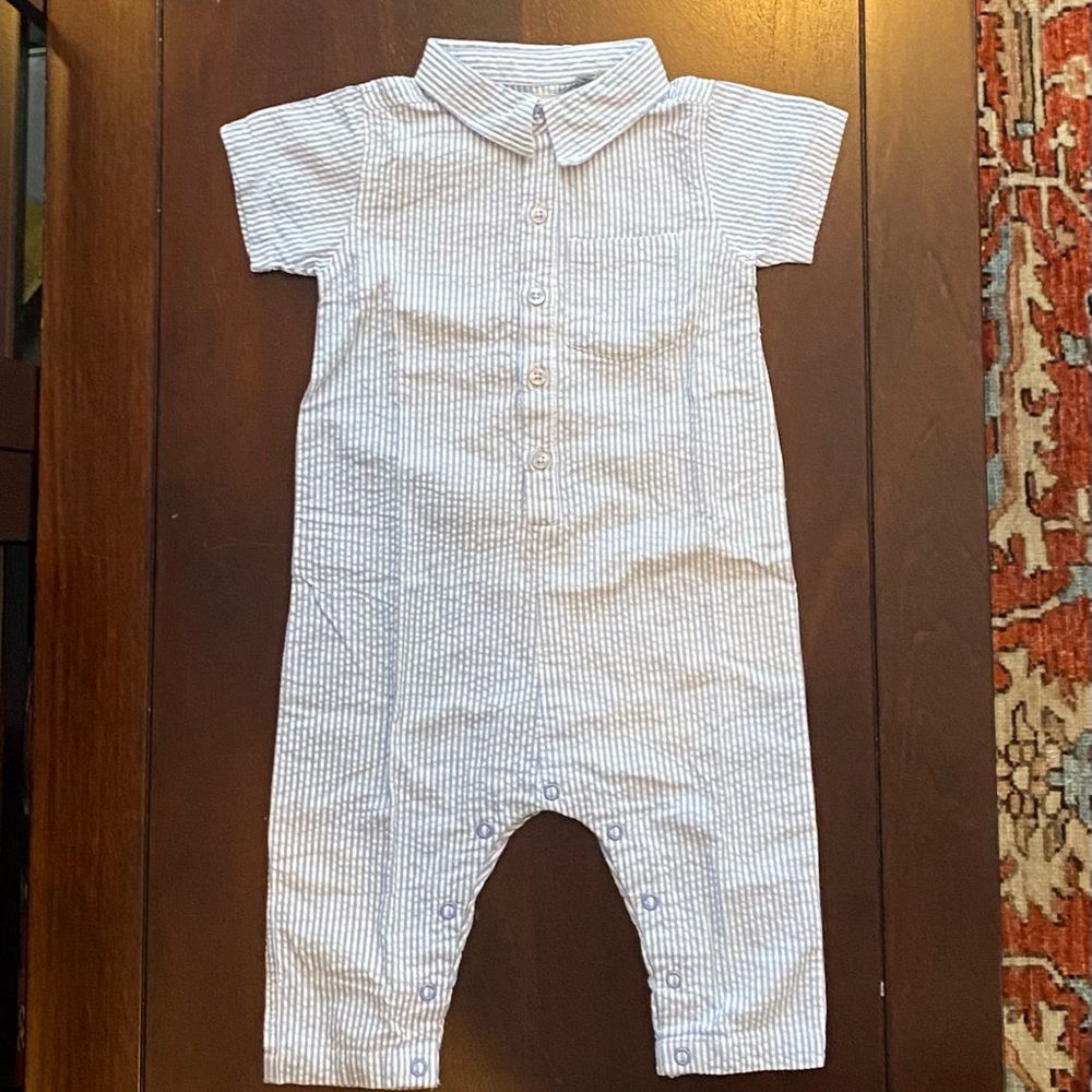 NWT Monica & Andy blue seersucker Oxford jumpsuit, size 6-9 months